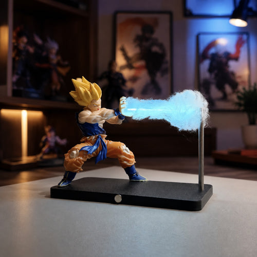 Goku Lamp lighting up a collector shelf and desk setup at night