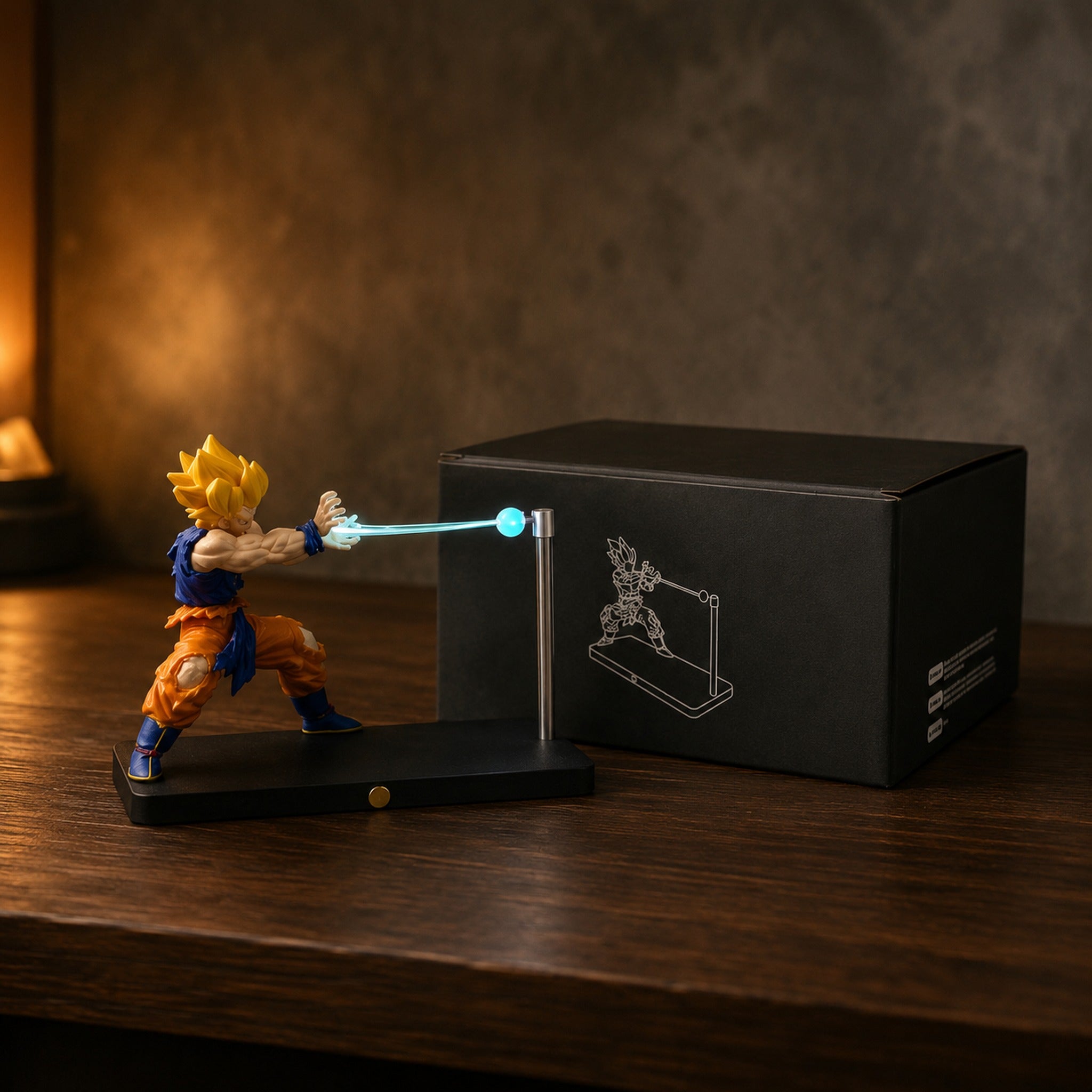 Goku Lamp next to its packaging box on a wooden desk